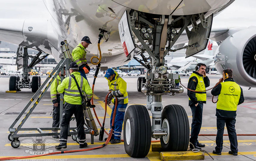 Airplane held still by wheelchocks